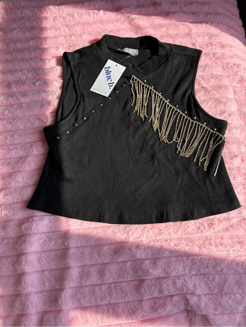 Blue B. Black Fringe-Trim Sleeveless Crop Tank